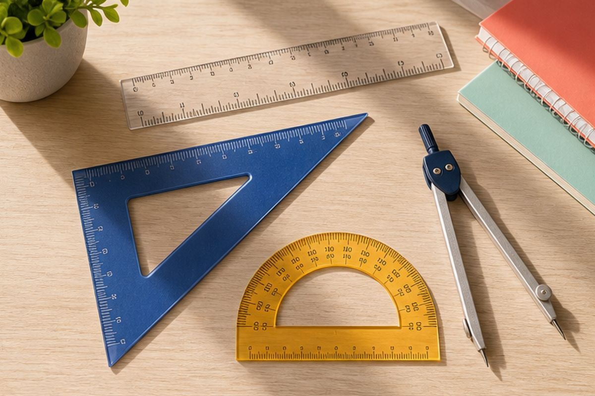 Zestaw geometryczny: linijka, ekierka, kątomierz i cyrkiel ułożone na biurku
